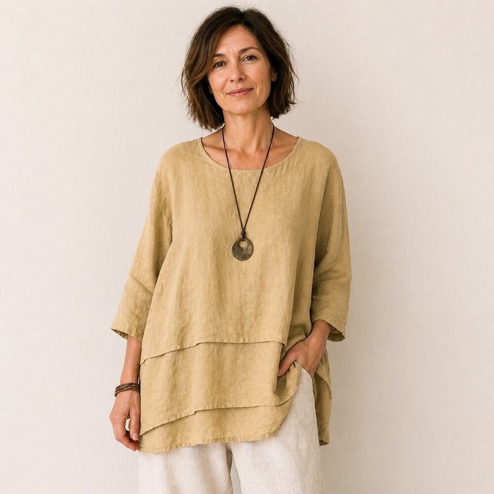 Women’s Linen Tunic Top Beige Oversized Layered Boho Loose Fit Lagenlook XL